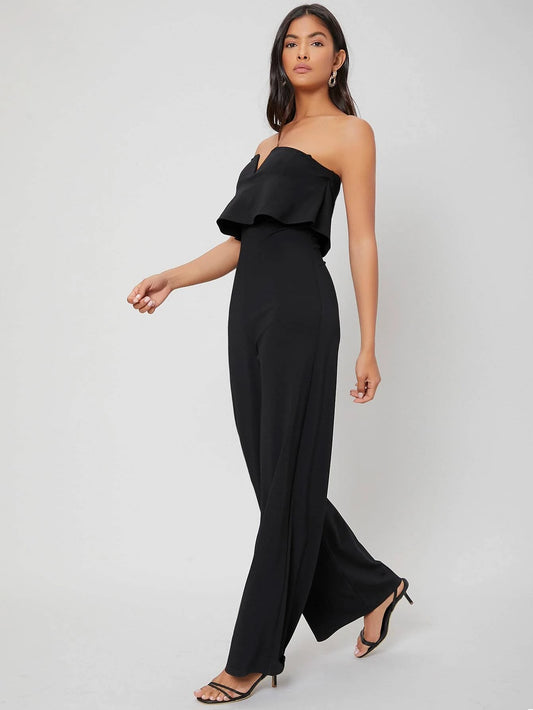 CM-JS126427 Women Elegant Seoul Style Tube V-Bar Sleeveless Jumpsuit - Black
