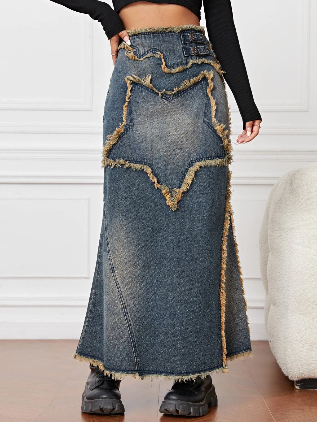 CM-BS771849 Women Preppy Seoul Style Dark Wash Raw Trim Mermaid Denim Skirt