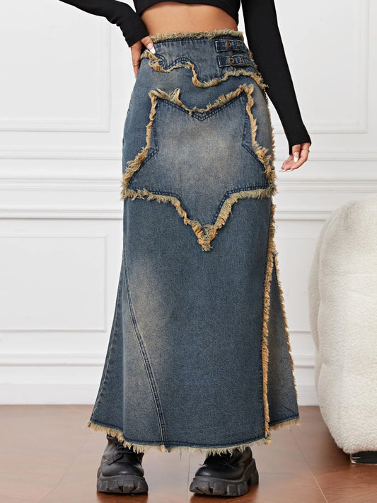 CM-BS771849 Women Preppy Seoul Style Dark Wash Raw Trim Mermaid Denim Skirt