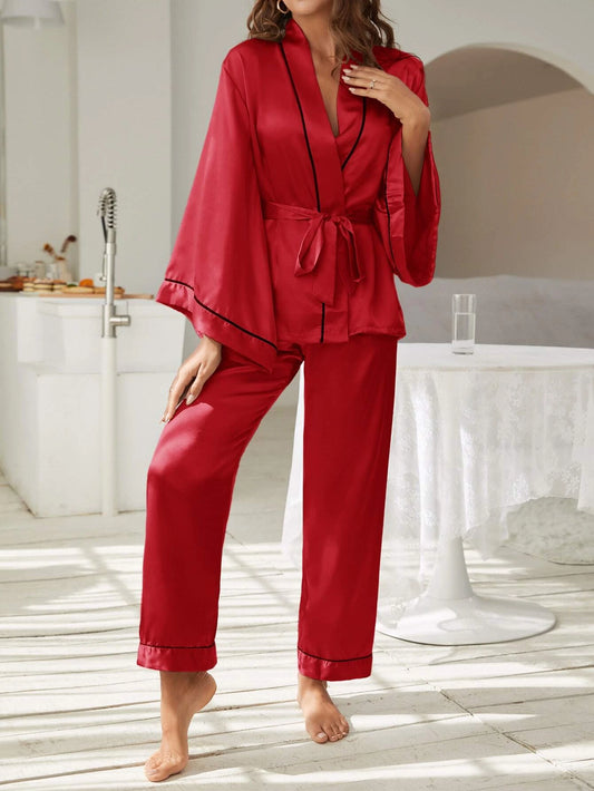 CM-LS579534 Women Trendy Seoul Style Contrast Piping Belted Satin Night Set - Red