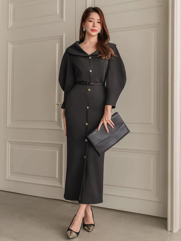 CM-DS354712 Women Elegant Seoul Style Button Front Bishop Sleeve Belted Dress - Black