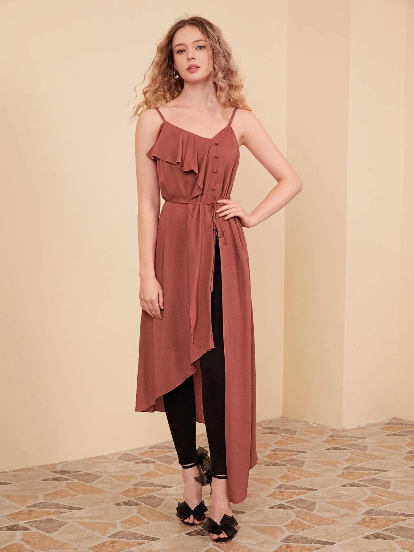 CM-TS706204 Women Casual Seoul Style Ruffle Trim Asymmetrical Hem Cami Top