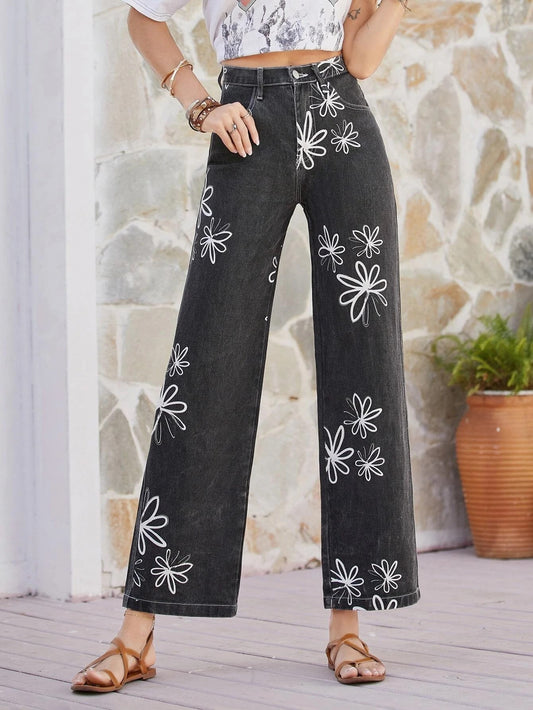 CM-BS567205 Women Casual Seoul Style High Waist Floral Print Wide Leg Jeans - Black
