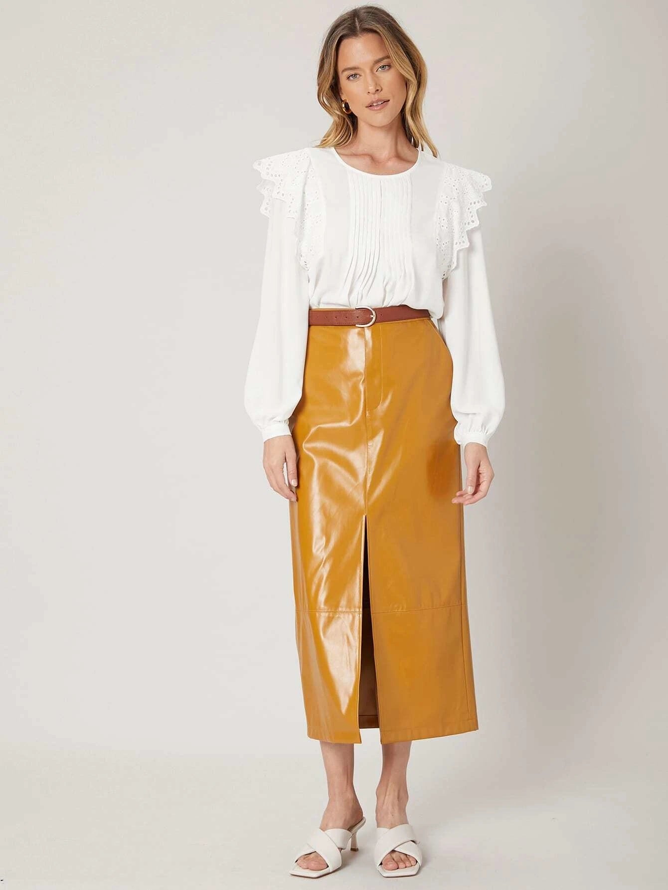 CM-BS940410 Women Elegant Seoul Style High Waist PU Leather Split Skirt - Mustard Yellow