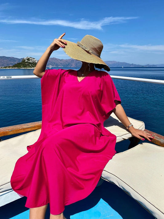CM-SWS020381 Women Trendy Bohemian Style Solid Batwing Sleeve Cover Up Dress - Hot Pink
