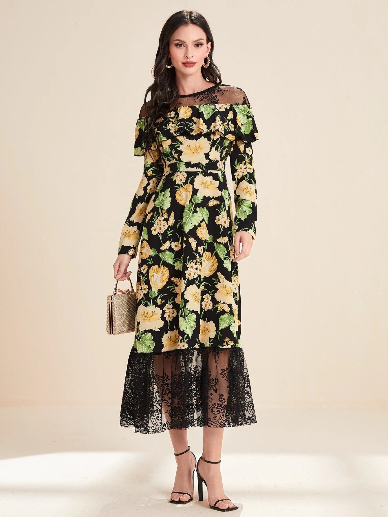 CM-DS426990 Women Elegant Seoul Style Floral Print Contrast Lace Ruffle Hem Dress