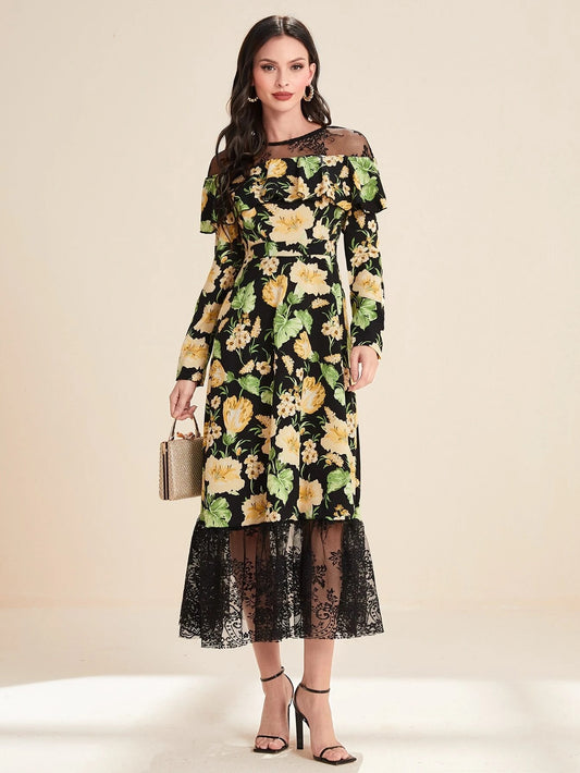 CM-DS426990 Women Elegant Seoul Style Floral Print Contrast Lace Ruffle Hem Dress