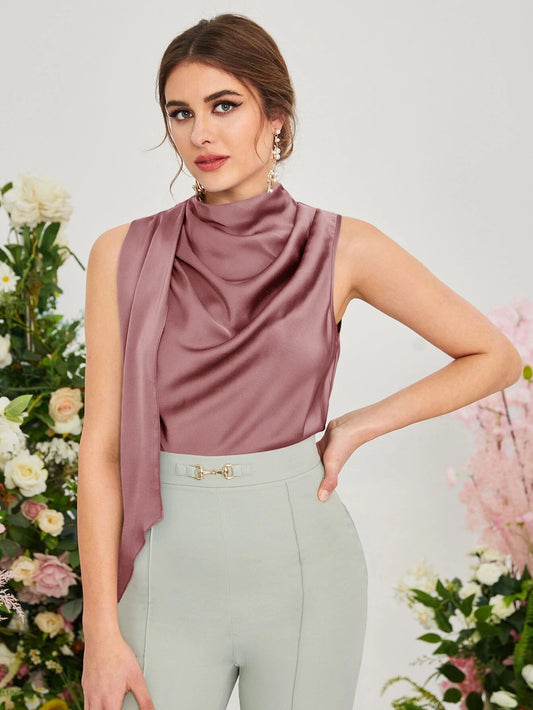 CM-TS198509 Women Casual Seoul Style Sleeveless Draped Keyhole Back Blouse - Dusty Pink