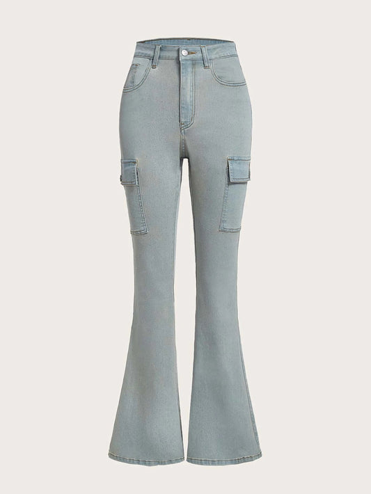 CM-BS142328 Women Preppy Seoul Style High Waist Flap Pocket Side Flare Leg Jeans