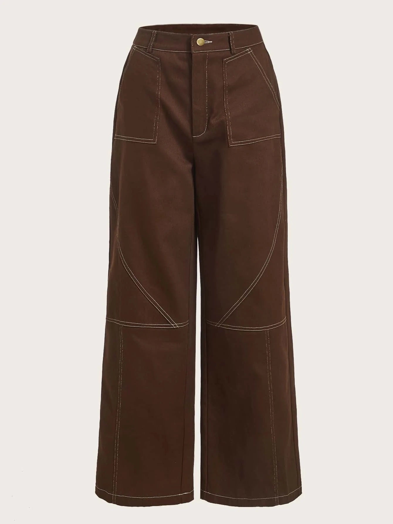 CM-BS217140 Women Casual Seoul Style Top-Stitching Slant Pocket Pants - Coffee Brown