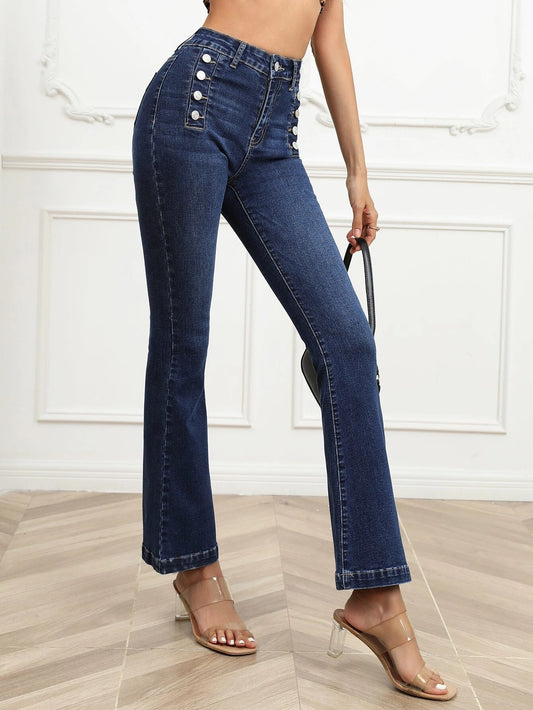 CM-BS137841 Women Preppy Seoul Style High Waist Button Fly Flare Leg Jeans
