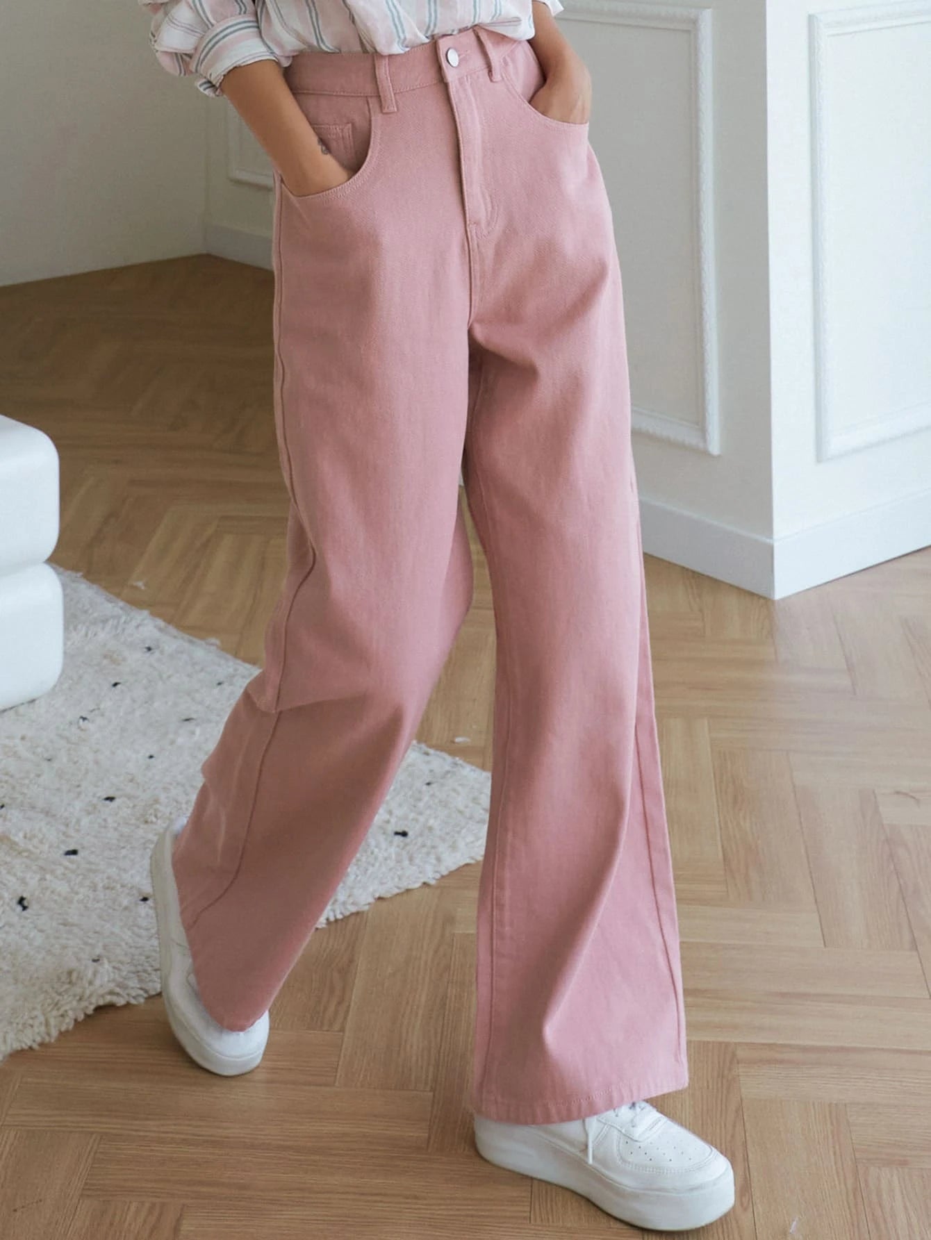 CM-BS431016 Women Casual Seoul Style High Waist Wide Leg Jeans - Pink