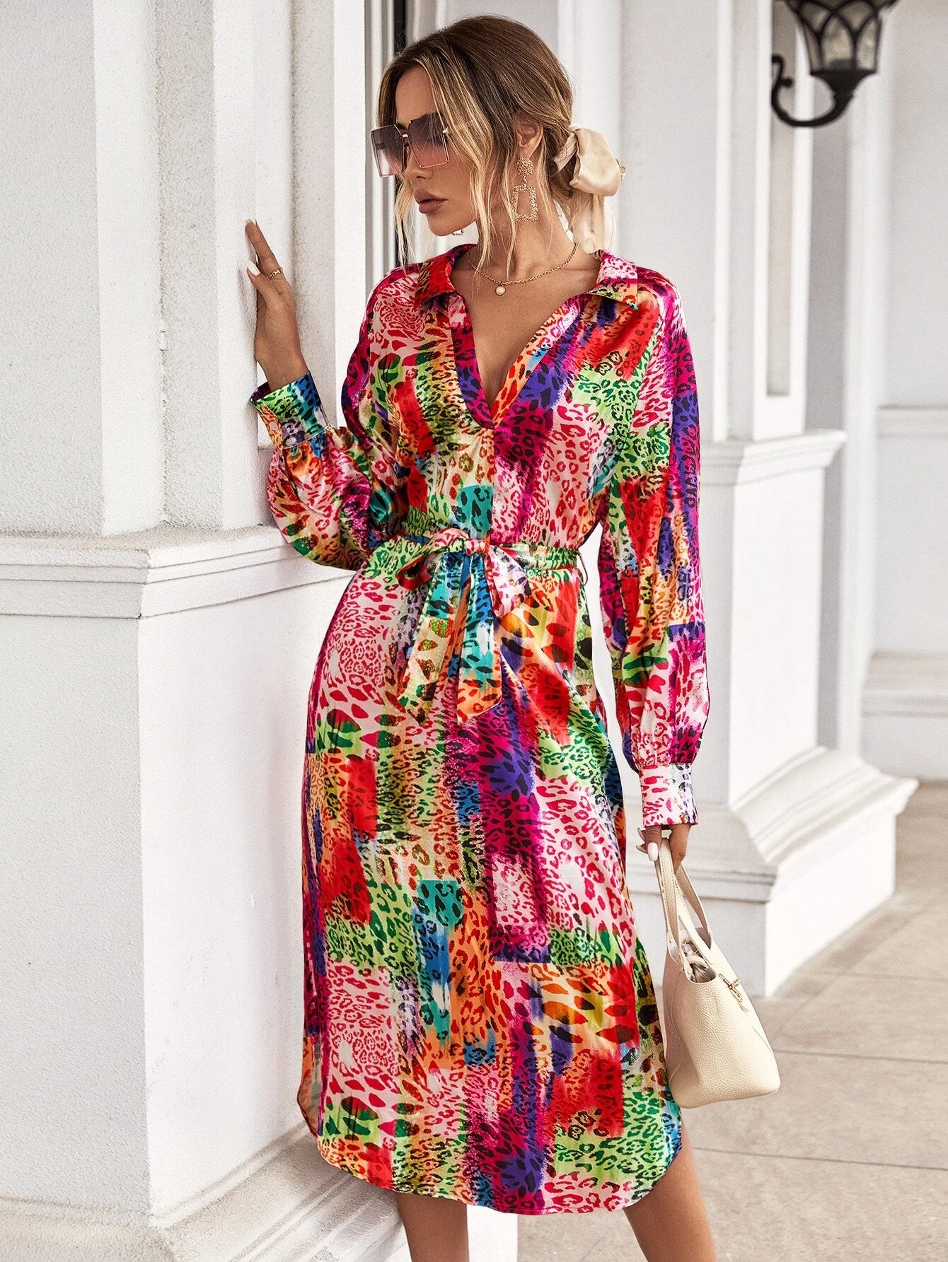 CM-DS842711 Women Casual Seoul Style Allover Print Lantern Sleeve Belted Tunic Dress