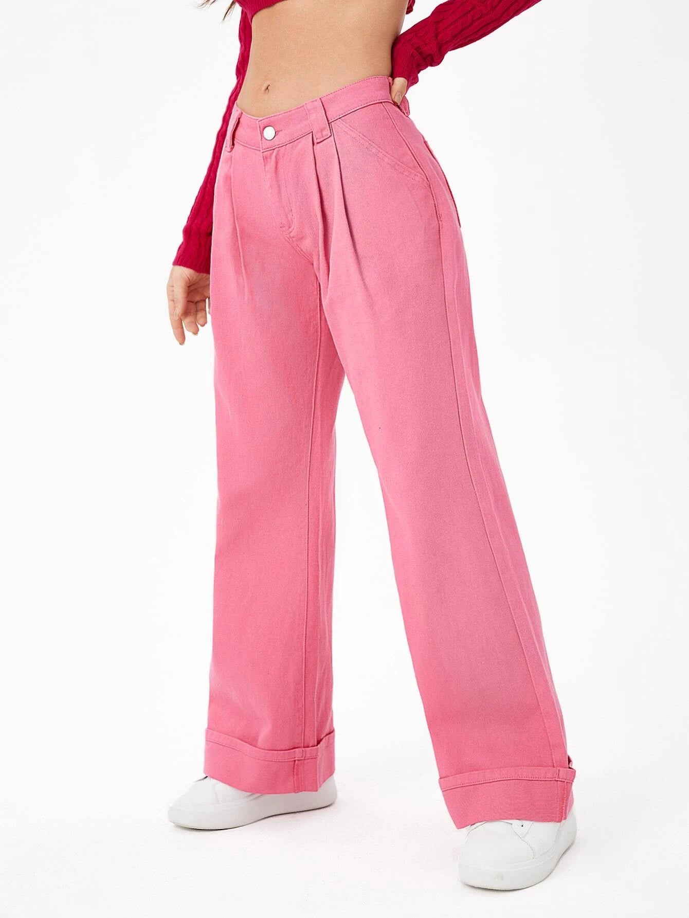CM-BS670004 Women Casual Seoul Style Ultra Low Waist Plicated Detail Wide Leg Jeans - Pink
