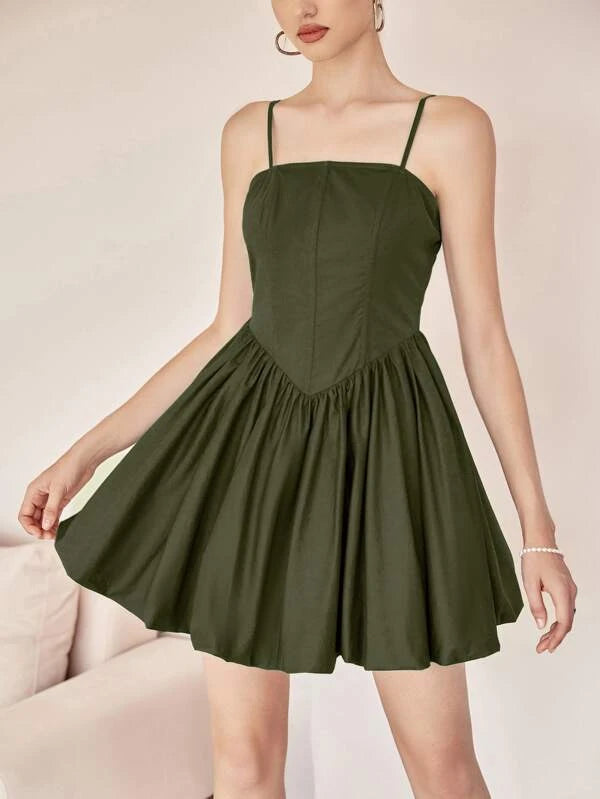 CM-DS210007 Women Elegant Seoul Style Zip Back Flare Hem Cami Dress - Army Green