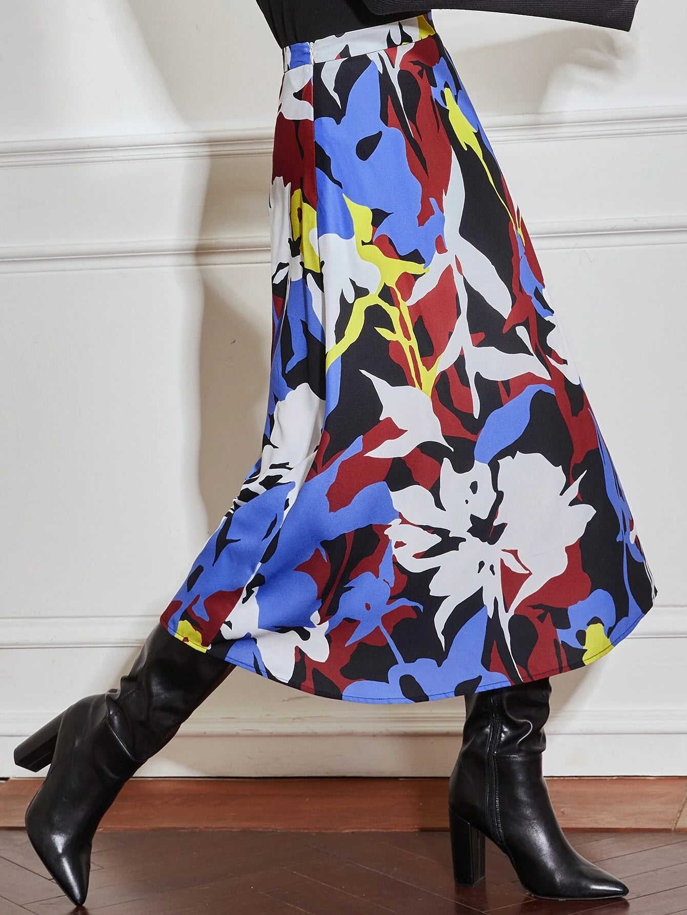 CM-BS315051 Women Elegant Seoul Style High Waist Floral Print A-Line Skirt