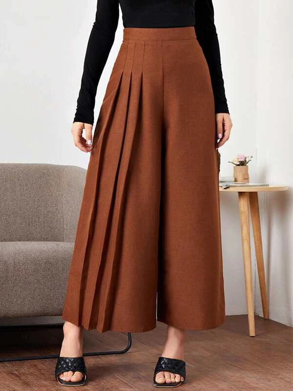 CM-BS903850 Women Elegant Seoul Style Fold Pleated Detail Wide Leg Pants - Rust Brown