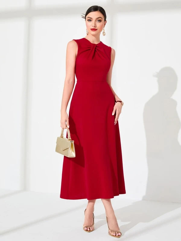CM-DS475299 Women Elegant Seoul Style Sleeveless Twist Front Solid Dress - Red