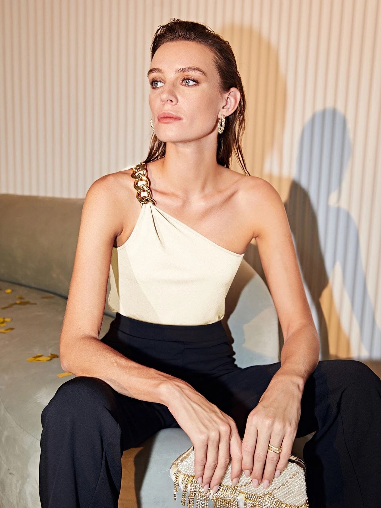 CM-TS065751 Women Casual Seoul Style Premium One Shoulder Chain Top - Beige