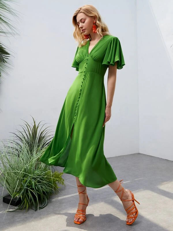 CM-DS370021 Women Trendy Bohemian Style Butterfly Sleeve Fake Button Split Hem Dress - Green