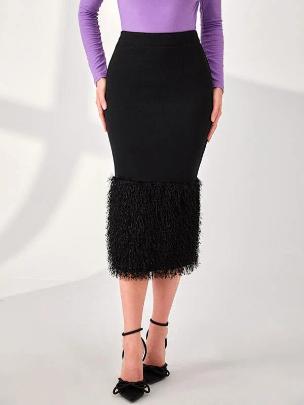 CM-BS314726 Women Elegant Seoul Style High Waist Fuzzy Hem Midi Skirt - Black