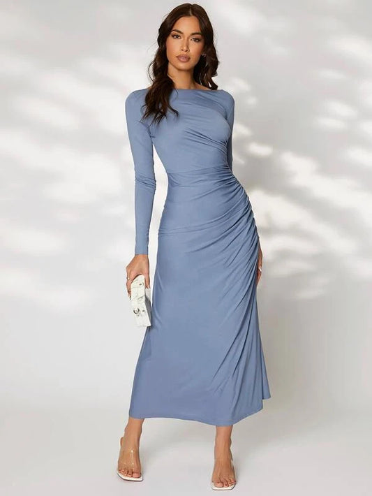 CM-DS362143 Women Elegant Seoul Style Boat Neck Solid Ruched Side Dress - Dusty Blue