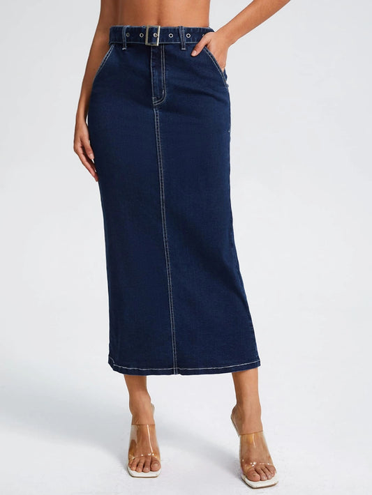 CM-BS941143 Women Preppy Seoul Style Dark Wash High Waist Belted Denim Skirt