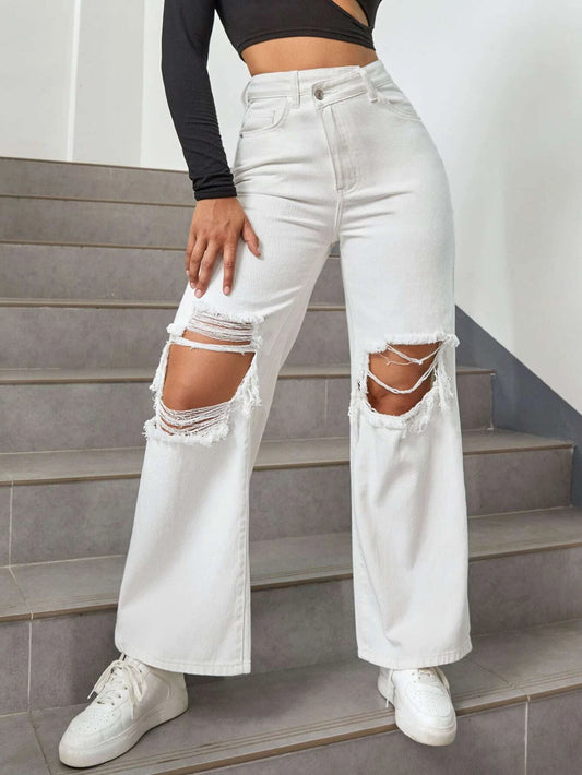 CM-BS003290 Women Preppy Seoul Style Cut Out Ripped Frayed Straight Leg Jeans - White