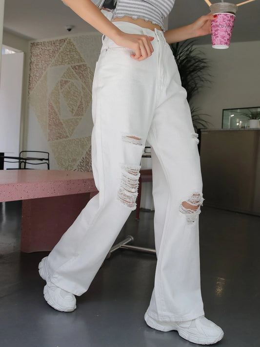 CM-BS607886 Women Casual Seoul Style Distressed Ripped Solid Boyfriend Jeans - White