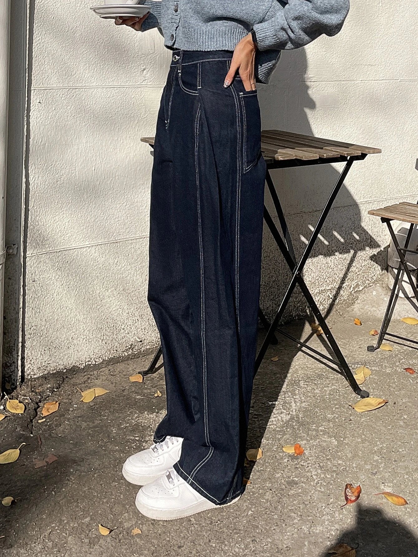 CM-BS180087 Women Casual Seoul Style Dark Wash Top-Stitching Wide Leg Jeans