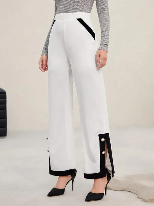 CM-BS043434 Women Elegant Seoul Style Contrast Panel Button Detail Wide Leg Pants