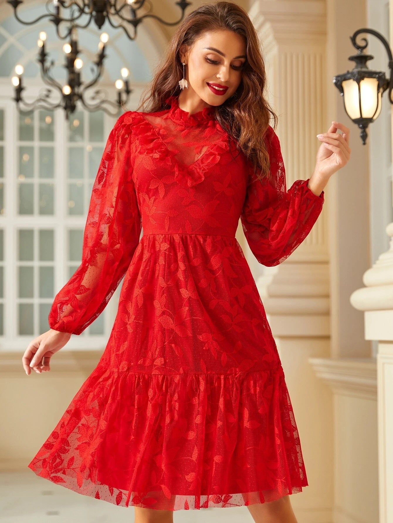 CM-DS620331 Women Elegant Seoul Style Lantern Sleeve Ruffle Hem Mesh Overlay Dress - Red