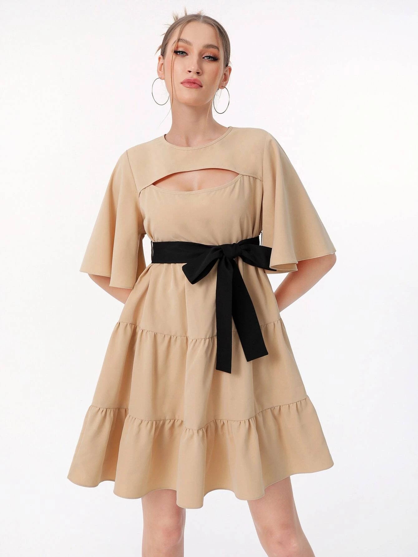 CM-DS558859 Women Elegant Seoul Style Cut Out Butterfly Sleeve Ruffle Hem Belted Dress