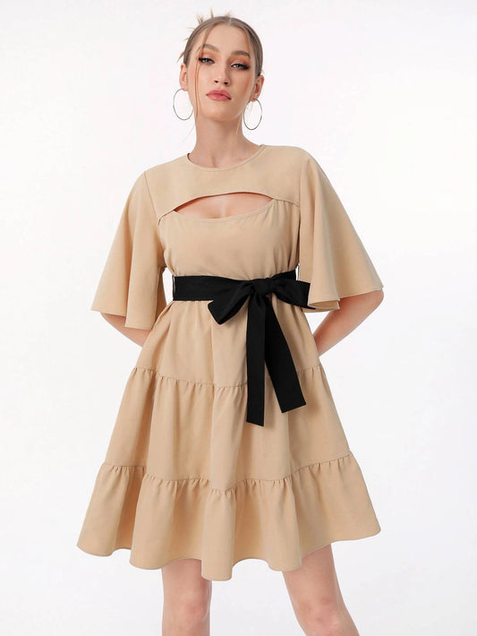 CM-DS558859 Women Elegant Seoul Style Cut Out Butterfly Sleeve Ruffle Hem Belted Dress