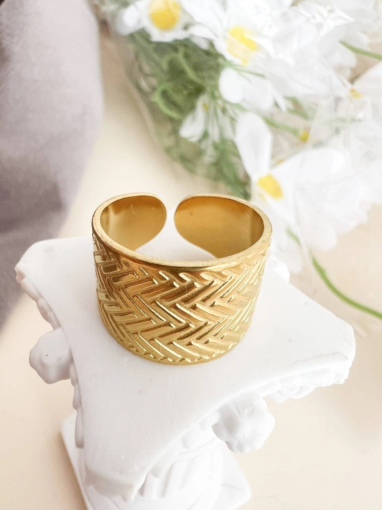 CM-AXS136824 Women Trendy Seoul Style Textured Cuff Ring - Yellow Gold