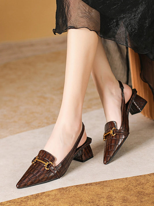 CM-SHS075881 Women Trendy Seoul Style Croc Embossed Metal Decor Slingback Pumps - Brown