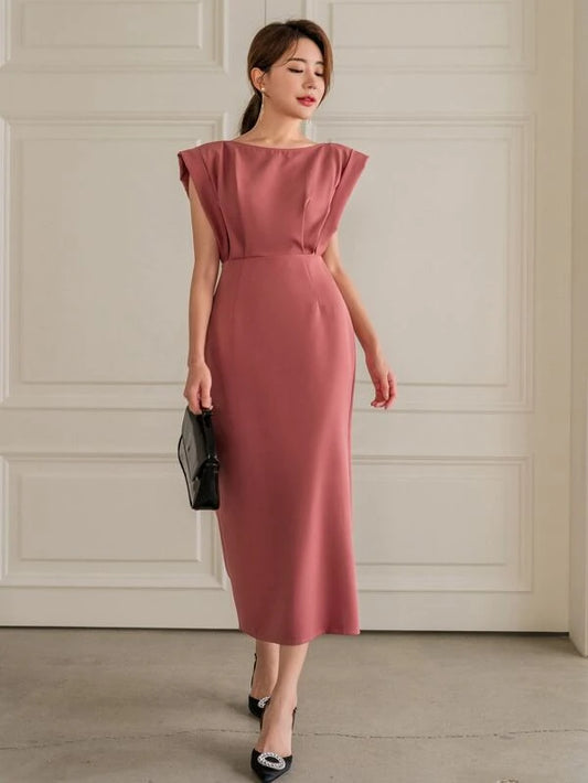 CM-DS061110 Women Elegant Seoul Style Sleeveless Zip Back Slit Hem Dress - Rusty Rose
