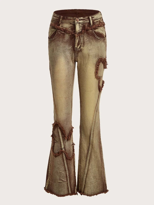 CM-BS196671 Women Preppy Seoul Style High Waist Raw Hem Flare Leg Jeans - Khaki