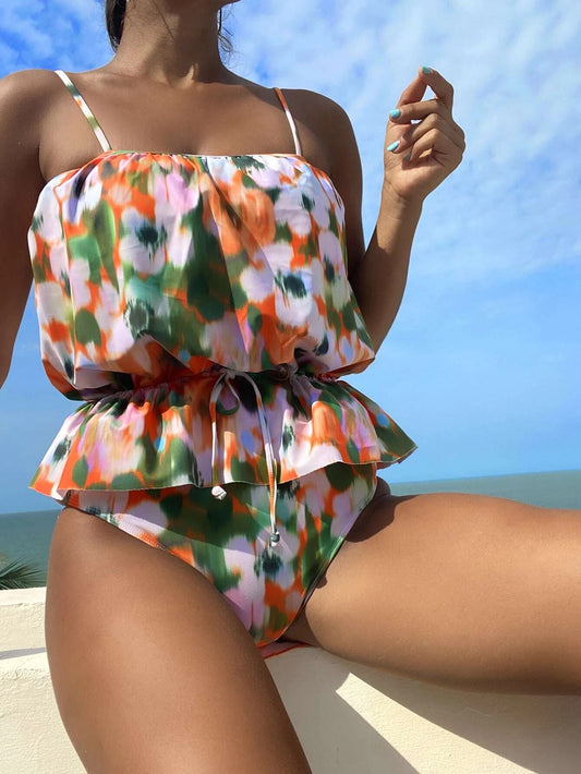 CM-SWS694334 Women Trendy Seoul Style Print Drawstring Waist Ruffle Hem Bikini Swimsuit