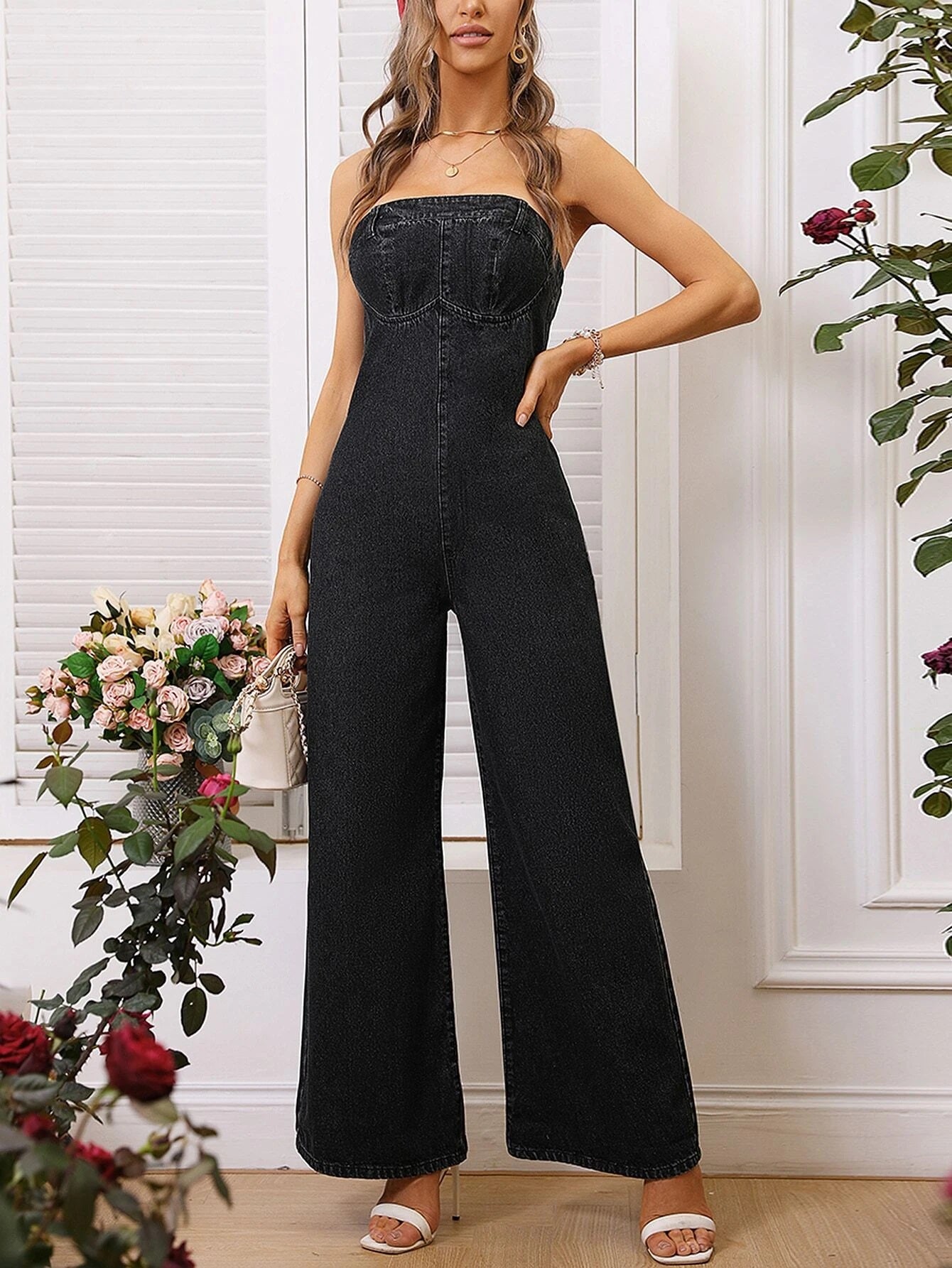 CM-JS774571 Women Preppy Seoul Style Washed Wide Leg Denim Overalls - Black