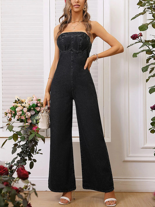 CM-JS774571 Women Preppy Seoul Style Washed Wide Leg Denim Overalls - Black