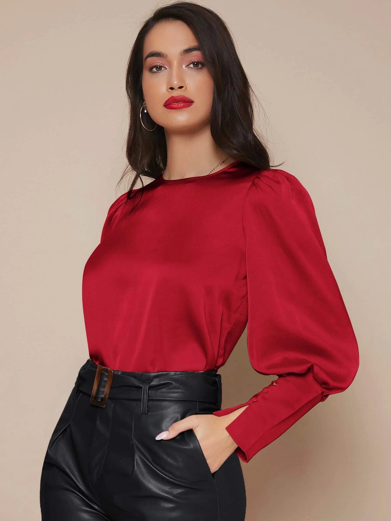 CM-TS811878 Women Elegant Seoul Style Buttoned Cuff Lantern Sleeve Satin Top - Red