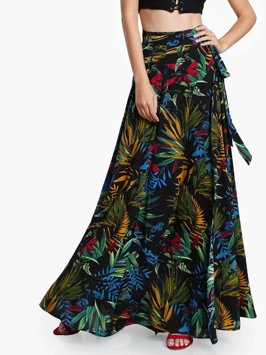 CM-BS515701 Women Trendy Bohemian Style Tropical Print Self Tie Wrap Skirt