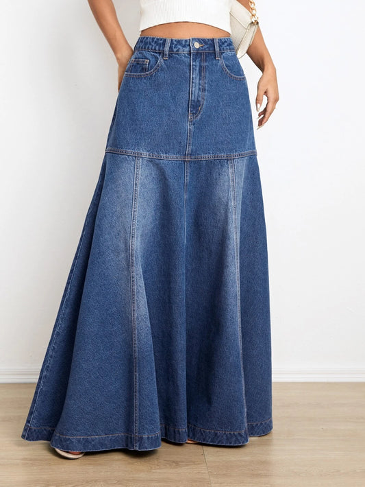 CM-BS798783 Women Preppy Seoul Style Medium Wash High Waist Washed Flare Hem Denim Skirt