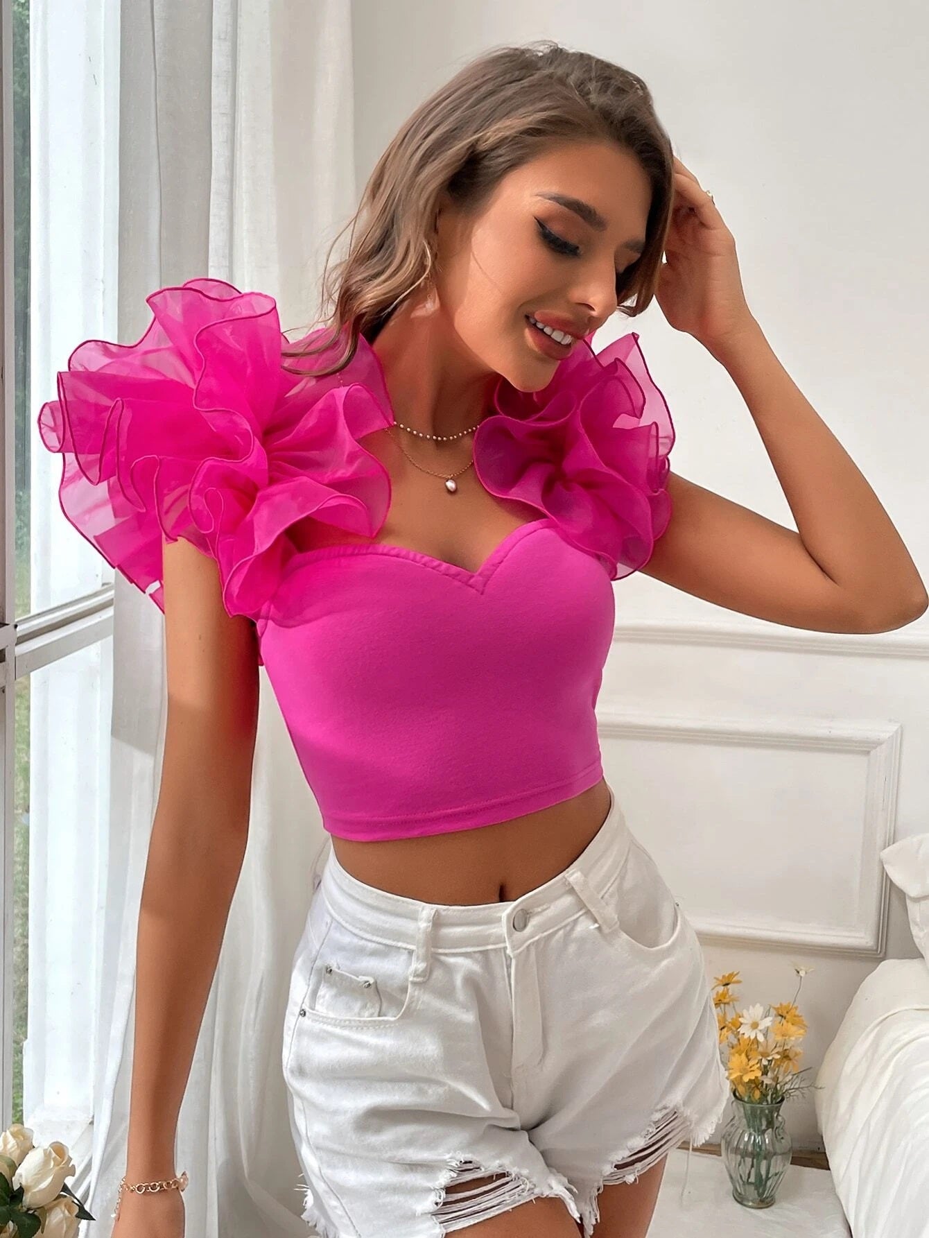 CM-TS806595 Women Casual Seoul Style Exaggerated Ruffle Trim Crop Top - Hot Pink