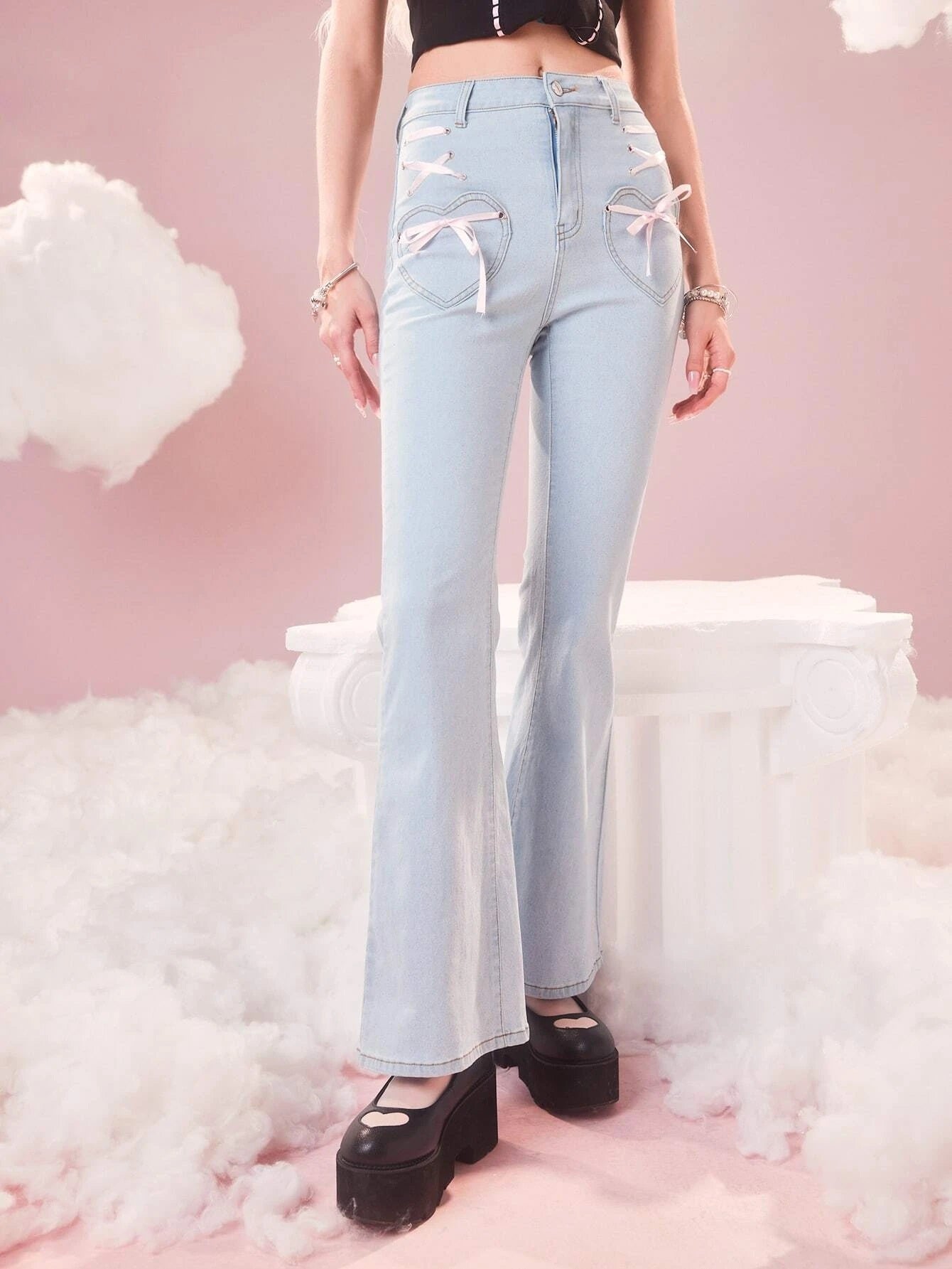 CM-BS756998 Women Casual Seoul Style Sweetness Bow Decor Flare Leg Jeans