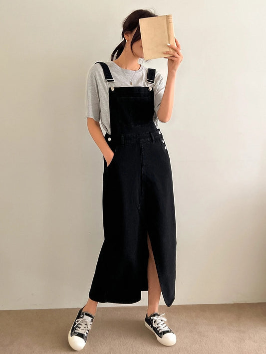 CM-DS100011 Women Preppy Seoul Style Slant Pocket Split Hem Overall Dress - Black