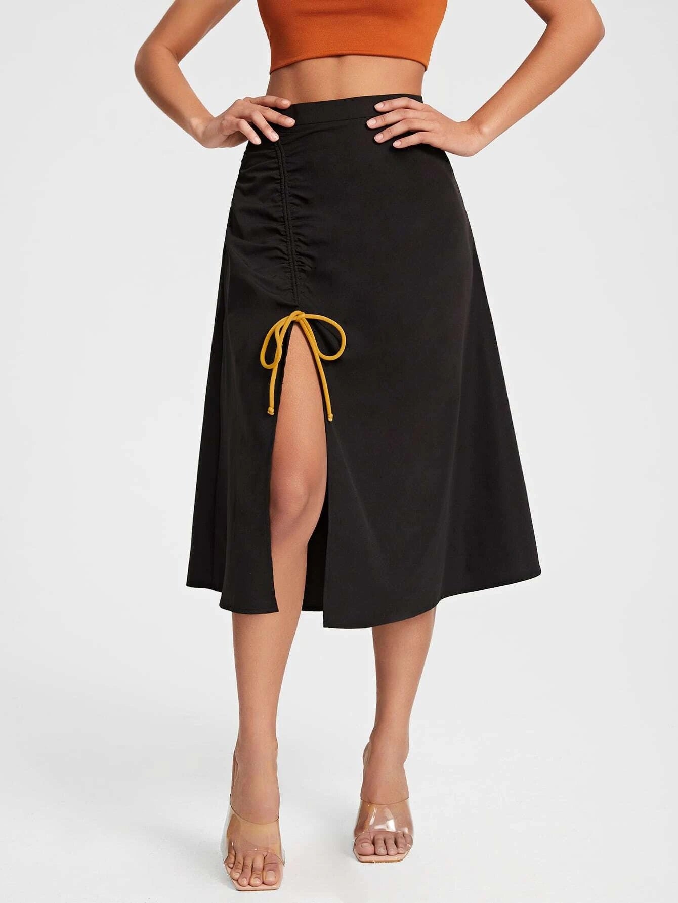 CM-BS077585 Women Casual Seoul Style Drawstring Front Split Thigh Skirt - Black