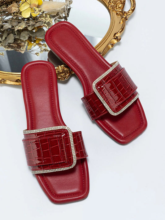 CM-SHS501355 Women Casual Seoul Style Embossed Rhinestone Decor Slide Sandals