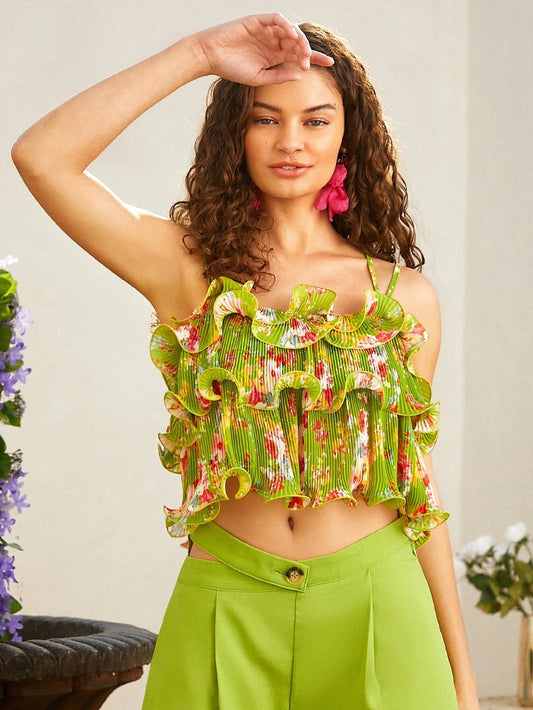 CM-TS710414 Women Trendy Bohemian Style Floral Print Ruffle Trim Cami Top - Green